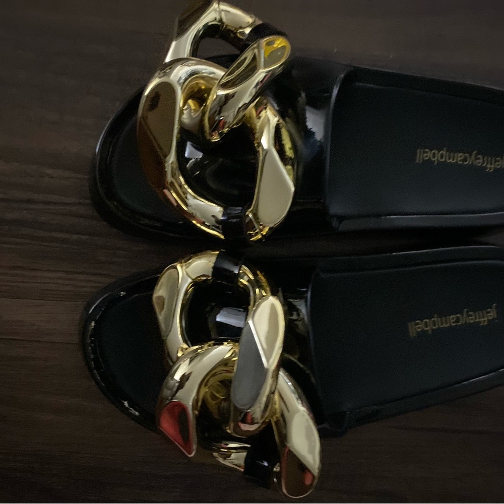 Jeffrey Campbell Epirus Platform Sandals in Black Patent Gold (New)